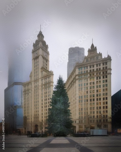 Wallpaper Mural Chicago USA city center skyscrapers and architecture, America travel downtown, drawing in oil wall art print for canvas or paper poster, tourism production design real painting modern artistic artwork Torontodigital.ca