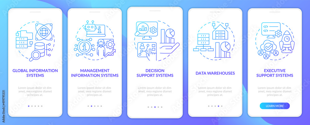 Information systems examples blue gradient onboarding mobile app screen. Walkthrough 5 steps graphic instructions pages with linear concepts. UI, UX, GUI template. Myriad Pro-Bold, Regular fonts used