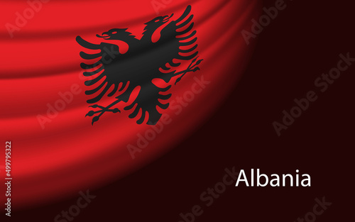 Wave flag of Albania on dark background. Banner or ribbon vector template