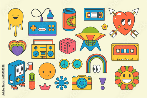 Retro hippie electronic devices graphic elements pop art groovy contoured design vector cartoon