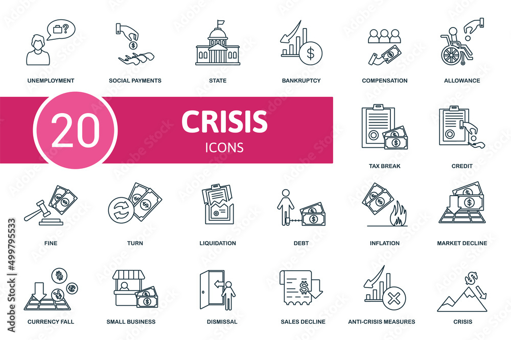 Crisis set icon. Contains crisis illustrations such as social payments, bankruptcy, allowance and more.