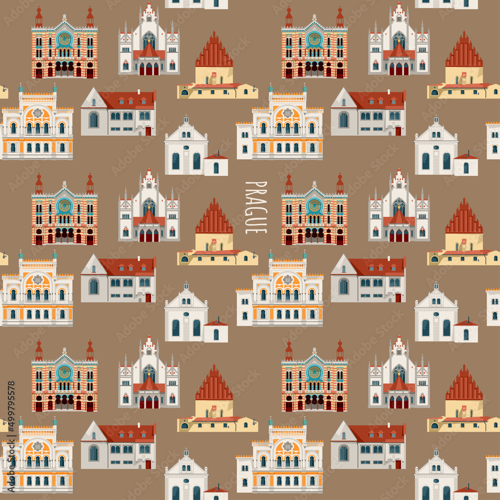 Pinkas Synagogue, Spanish Synagogue, Old New Synagogue, Maisel Synagogue, Jubilee Synagogue, Klausen Synagogue. Prague, Czech Republic. Seamless background pattern.