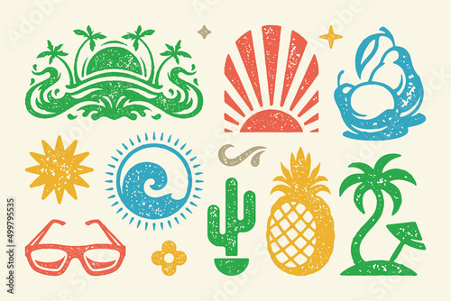 Summer symbols and objects set vector illustration.Bright symbol of rising sun with palm tree and umbrella