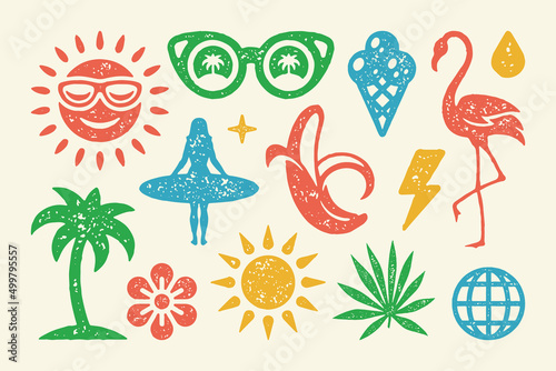 Summer symbols and objects set vector illustration. Flamingo with cone refreshing ice cream