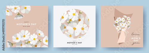 Mother's day Greeting card set in modern art style with hand drawn daisy spring flowers in pastel colors and trendy typography. Mothers day design template for banner, poster, cover, social media