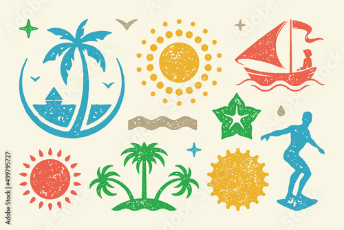 Summer symbols and objects set vector illustration. Bright sun and female silhouette of boat