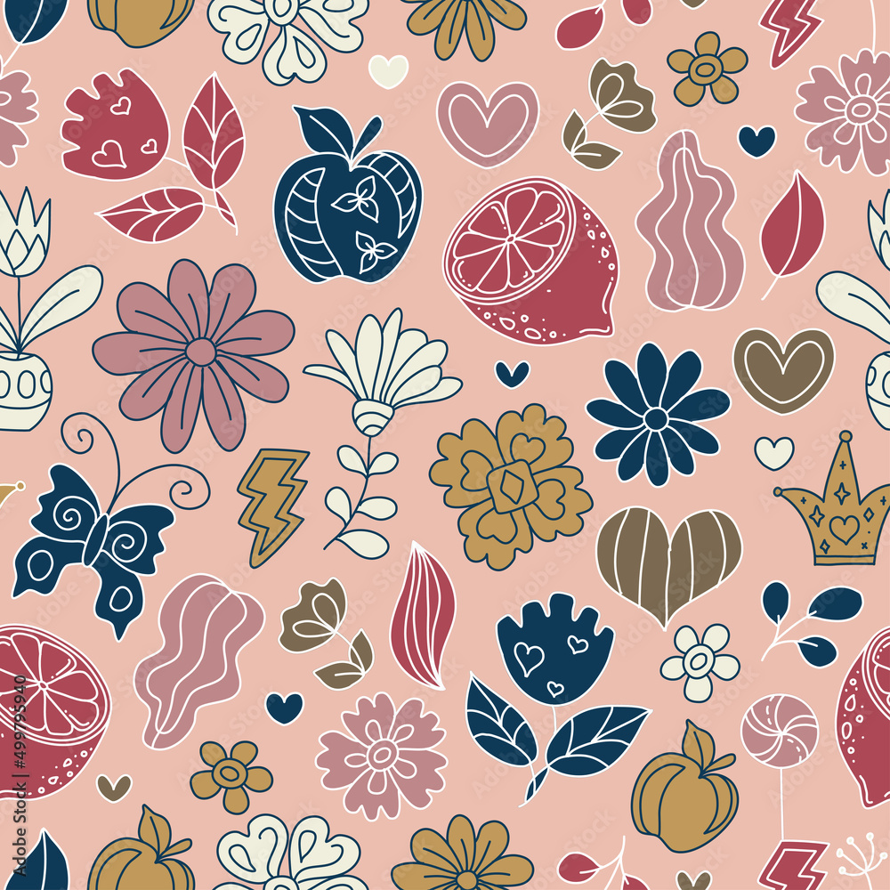 Groovy retro seamless pattern. Vintage floral vector pattern. Hippie floral background with plants, leaves, fruits, flowers. Doodle hippie style print for wallpaper, fabric, textile, paper.