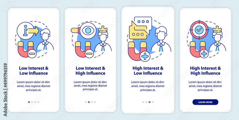 Stakeholder mapping onboarding mobile app screen. Visual analysis walkthrough 4 steps graphic instructions pages with linear concepts. UI, UX, GUI template. Myriad Pro-Bold, Regular fonts used