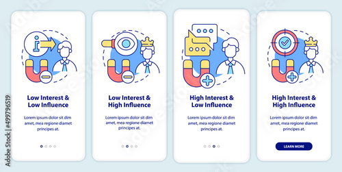 Stakeholder mapping onboarding mobile app screen. Visual analysis walkthrough 4 steps graphic instructions pages with linear concepts. UI, UX, GUI template. Myriad Pro-Bold, Regular fonts used