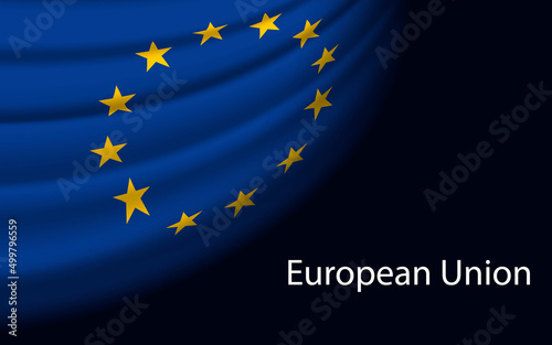 Wave flag of European Union on dark background. Banner or ribbon vector template