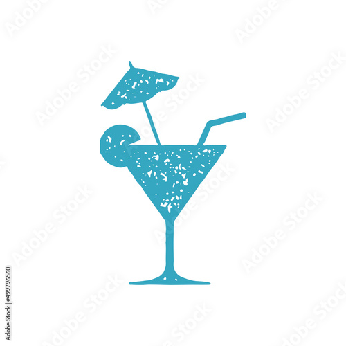 Refreshing summer cocktail in goblet with fruit slice, straw and umbrella blue grunge texture vector