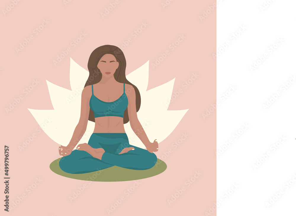 Girl relaxing yoga. Yoga center poster. Yoga. Relaxing. Nature. Facleless. Flat girl. Black girl yoga	