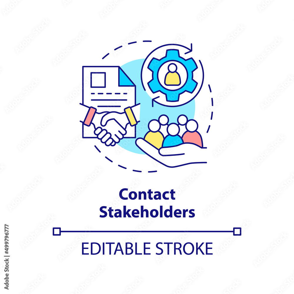 Contact stakeholders concept icon. Partnership. Step of stakeholder relations abstract idea thin line illustration. Isolated outline drawing. Editable stroke. Arial, Myriad Pro-Bold fonts used Contact stakeholders concept icon. Partnership. Step of stakeholder relations abstract idea thin line illustration. Isolated outline drawing. Editable stroke. Arial, Myriad Pro-Bold fonts used
