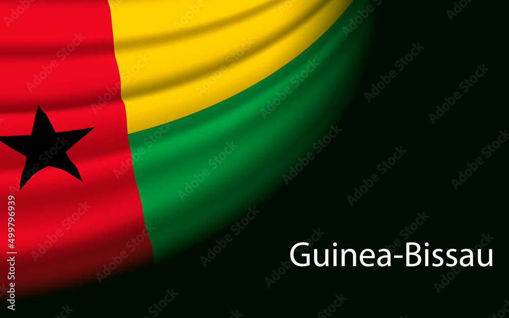 Fototapeta premium Wave flag of Guinea-Bissau on dark background.