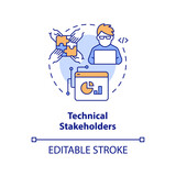 Technical stakeholders concept icon. IT specialist. Type of stakeholder abstract idea thin line illustration. Isolated outline drawing. Editable stroke. Arial, Myriad Pro-Bold fonts used