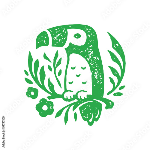 Cute tropical parrot sitting on green vegetation branch flowers grunge texture vector illustration