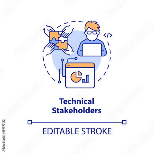 Technical stakeholders concept icon. IT specialist. Type of stakeholder abstract idea thin line illustration. Isolated outline drawing. Editable stroke. Arial, Myriad Pro-Bold fonts used