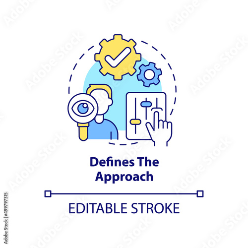 Defines approach concept icon. Project strategy. Stakeholder management plan abstract idea thin line illustration. Isolated outline drawing. Editable stroke. Arial, Myriad Pro-Bold fonts used