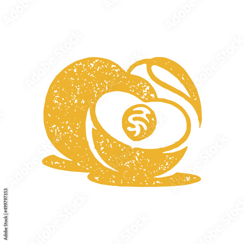 Two natural ripe half and whole peach with twig and leaf grunge texture vector illustration