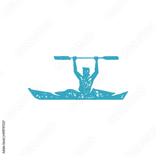 Male sportsman floating on water river holding paddle over head enjoying kayaking extreme sport