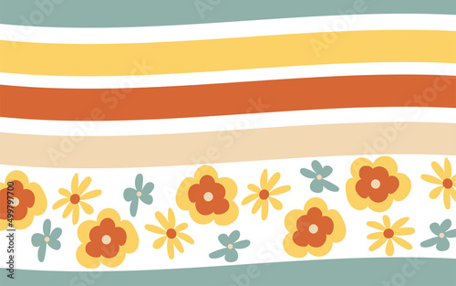 Banner in the style of 1970s good vibes. The waves and lines are multicolored. Vector psychedelic fun element for design. Use for printing, wallpaper, packaging, background.
