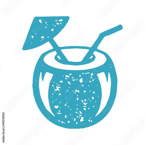 Coconut summer cocktail straw and umbrella refreshing natural beverage blue logotype grunge texture