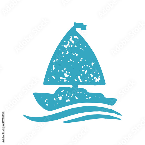 Minimalist sailing boat with flag floating sea waves grunge texture vector illustration