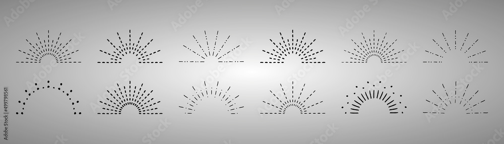 Sunburst set. Vintage sunrise collection.  Vector light rays elements. Firework explosion, stars, emblem, logo, tag. Vector Illustration