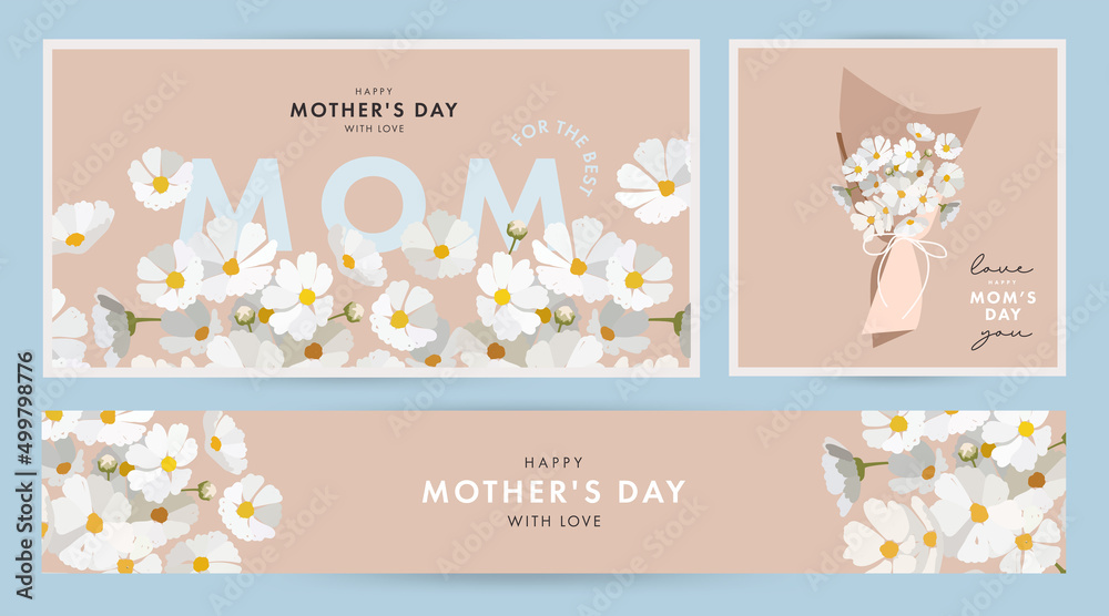 Mother's day design Set in modern art style. Abstract background with hand drawn daisy spring flowers in pastel colors and trendy typography on blue. Mothers day templates for card, cover, web banner