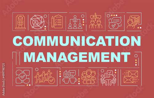 Communication management word concepts red banner. Colleagues interaction. Infographics with icons on color background. Isolated typography. Vector illustration with text. Arial-Black font used