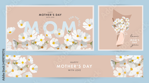 Mother's day design Set in modern art style. Abstract background with hand drawn daisy spring flowers in pastel colors and trendy typography on blue. Mothers day templates for card, cover, web banner