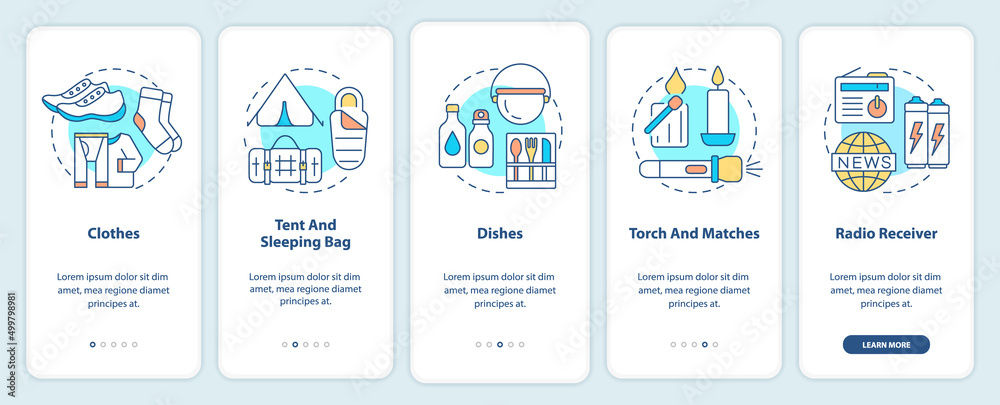 Things to put in surviving backpack onboarding mobile app screen. Items walkthrough 5 steps graphic instructions pages with linear concepts. UI, UX, GUI template. Myriad Pro-Bold, Regular fonts used Things to put in surviving backpack onboarding mobile app screen. Items walkthrough 5 steps graphic instructions pages with linear concepts. UI, UX, GUI template. Myriad Pro-Bold, Regular fonts used