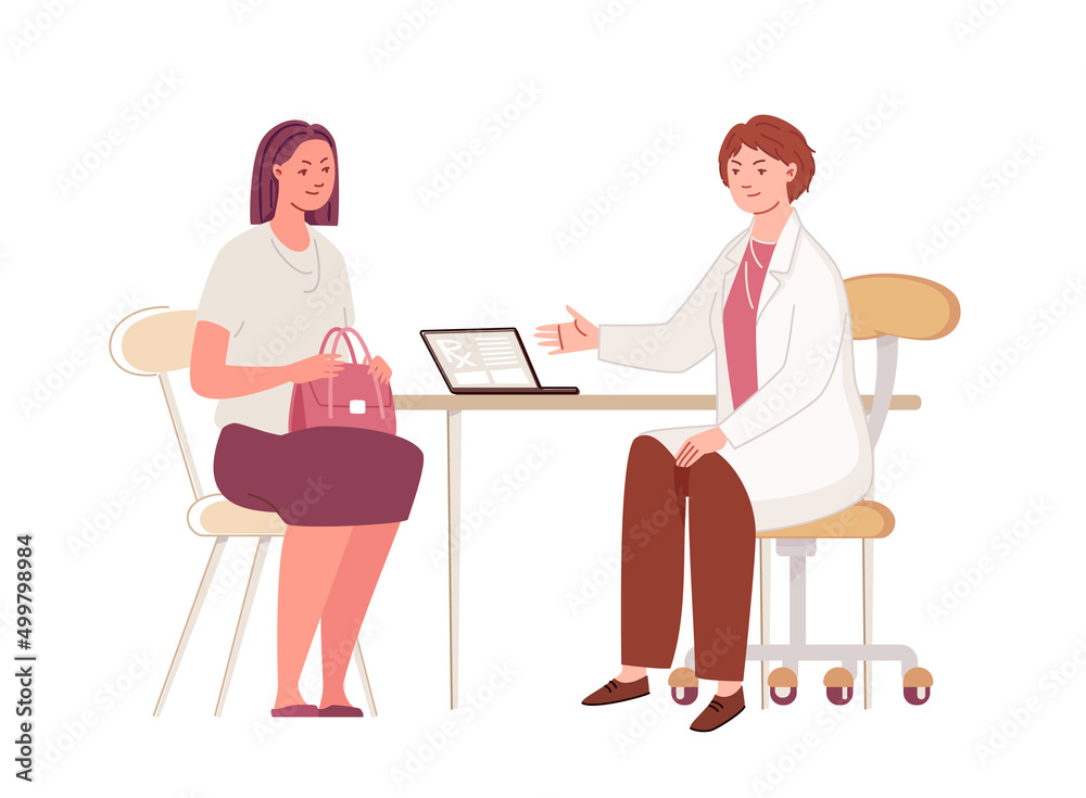 Woman in doctor's office. Physician consults female patient, writes out prescribe pills. Vector characters flat cartoon illustration.