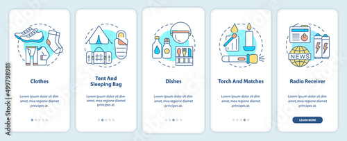 Things to put in surviving backpack onboarding mobile app screen. Items walkthrough 5 steps graphic instructions pages with linear concepts. UI, UX, GUI template. Myriad Pro-Bold, Regular fonts used