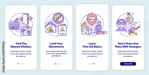 Actions to stay safe during war onboarding mobile app screen. Survive walkthrough 4 steps graphic instructions pages with linear concepts. UI, UX, GUI template. Myriad Pro-Bold, Regular fonts used