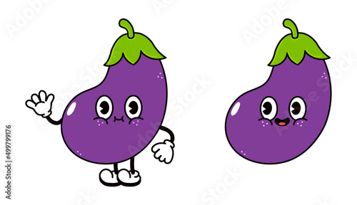Cute funny eggplant character. Vector hand drawn traditional cartoon vintage, retro, kawaii character illustration icon. Isolated on white background. Eggplant character concept