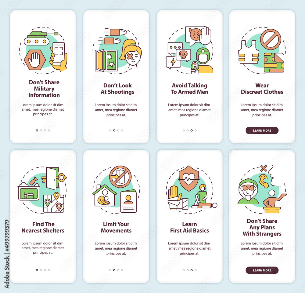 Actions during military conflict onboarding mobile app screen set. Safety walkthrough 4 steps graphic instructions pages with linear concepts. UI, UX, GUI template. Myriad Pro-Bold, Regular fonts used