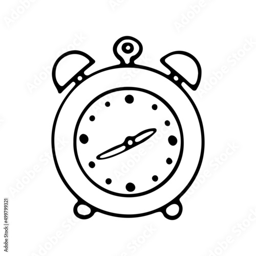Retro alarm clock line art. Metal clock with wake up sound. Hand drawn graphic vector illustration. Isolated simple doodle element.