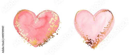 Two pink hearts. Watercolor hand painted symbol of love. Golden lines, splatters. Romantic design element for wedding card, Valentines day decoration.