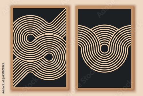 Abstract minimalist wall art composition in beige, black colors. Simple line style. Modern creative hand drawn background.