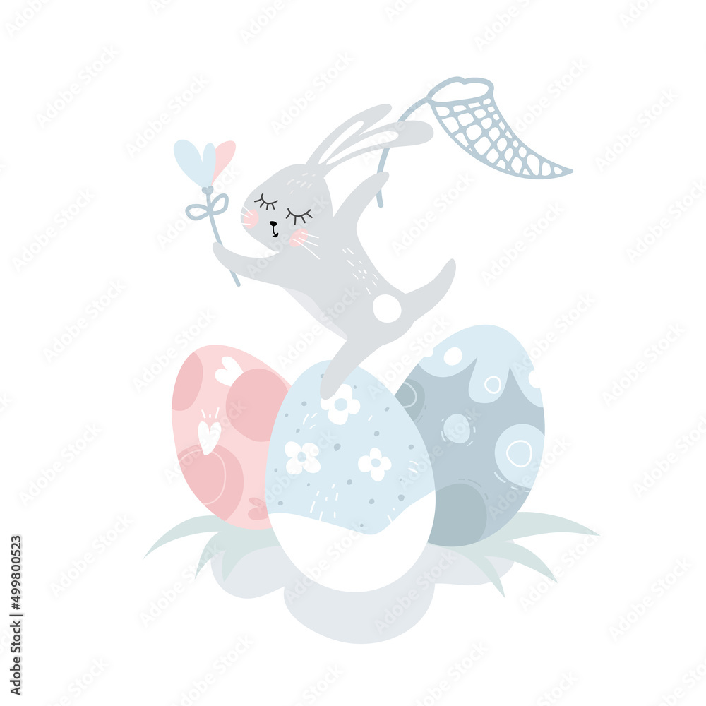 Fototapeta premium Easter egg hunt. Cute bunny, easter painted eggs. Beautiful rabbit with heart flower, sweep-net. Easter greeting card, print, banner, poster template. Pastel color decorative childish print, pattern.