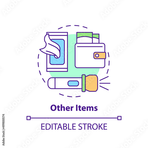 Other items to survive during war concept icon. Civilians safety. Escape preparation abstract idea thin line illustration. Isolated outline drawing. Editable stroke. Arial, Myriad Pro-Bold fonts used