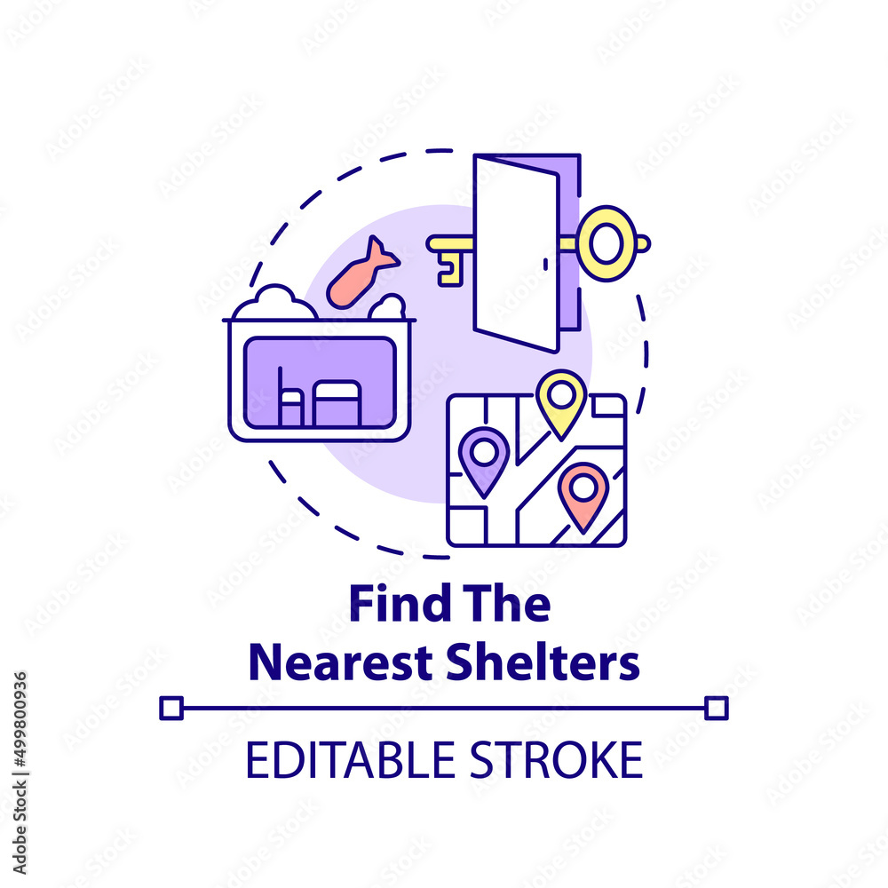 Find nearest shelters concept icon. Hide to save life. Actions during war abstract idea thin line illustration. Isolated outline drawing. Editable stroke. Arial, Myriad Pro-Bold fonts used