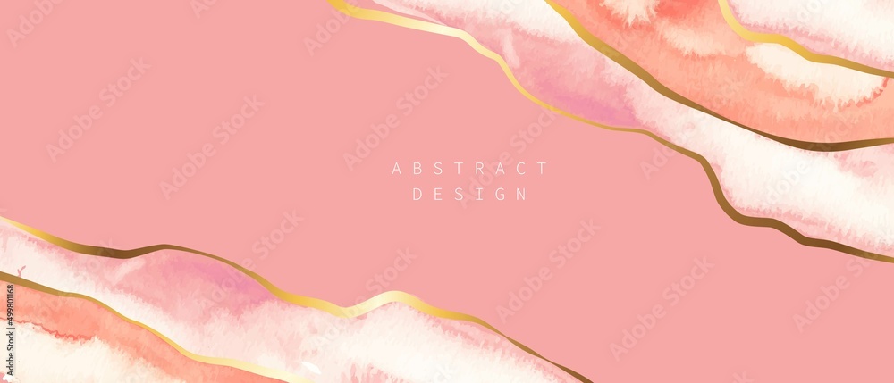 Fototapeta premium Beige, pink watercolor vector background. Golden lines, waves. Abstract watercolor washes, forms. Elegant, shiny, chic card, cover, art design