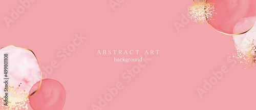 Chic, elegant background with pink watercolor citcles, ovals. Golden line art, shiny splatters, dots. Abstract art design with place for text.