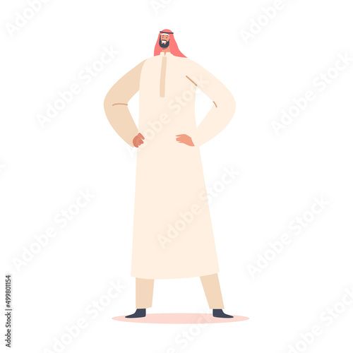 Saudi Male Character Wearing Thawb or Kandura Dress Isolated on White Background. Arab Man in Traditional Clothes