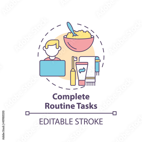 Complete routine tasks concept icon. How to deal with emotions during war abstract idea thin line illustration. Isolated outline drawing. Editable stroke. Arial, Myriad Pro-Bold fonts used