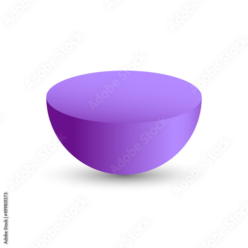 Vector purple hemisphere with gradients and shadow for game, icon, package design, logo, mobile, ui, web, education. 3D hemisphere on white background. Geometric figures for your design.
