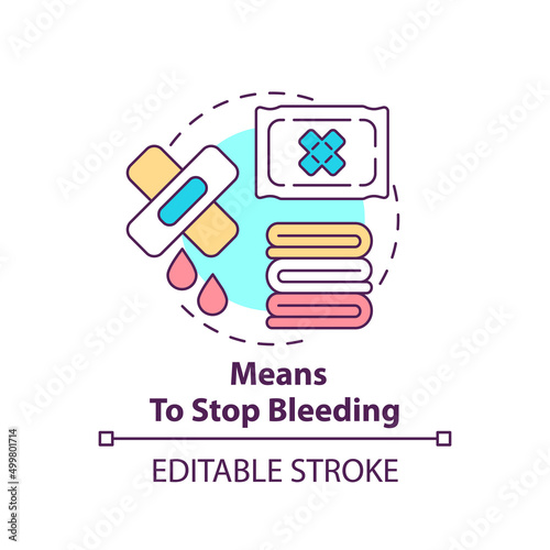 Means to stop bleeding concept icon. First aid kit supplies. Action during war abstract idea thin line illustration. Isolated outline drawing. Editable stroke. Arial, Myriad Pro-Bold fonts used