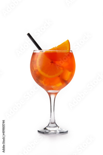 Glass of aperol spritz cocktail isolated on white background